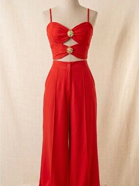 NWT Brazilian Red 2-Piece Set - Floral Gold Detail Crop & Pants